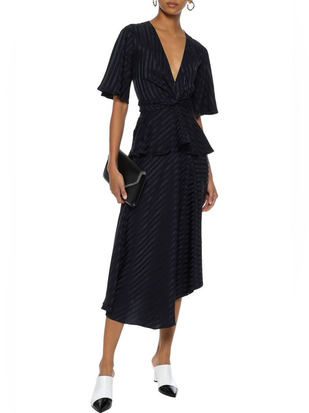 A.L.C Avi Twist-front Silk-Jacquard Peplum V-Neck Midi Dress Size 4/Small
